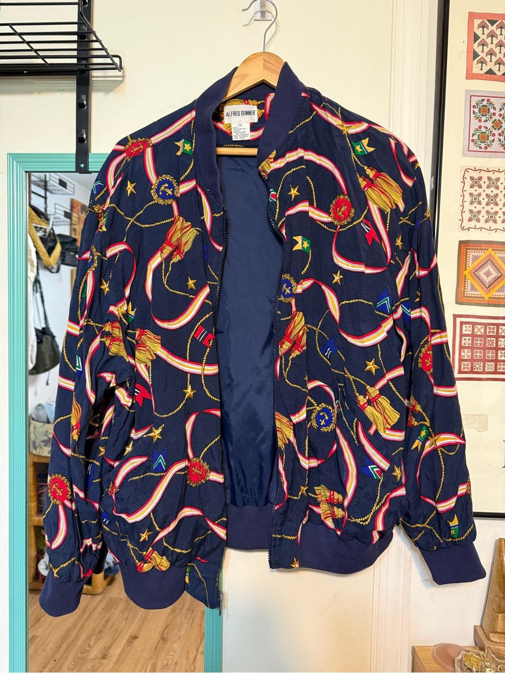 Alfred Dunner Navy Bomber Jacket with Multicolor Ribbon Star Print
